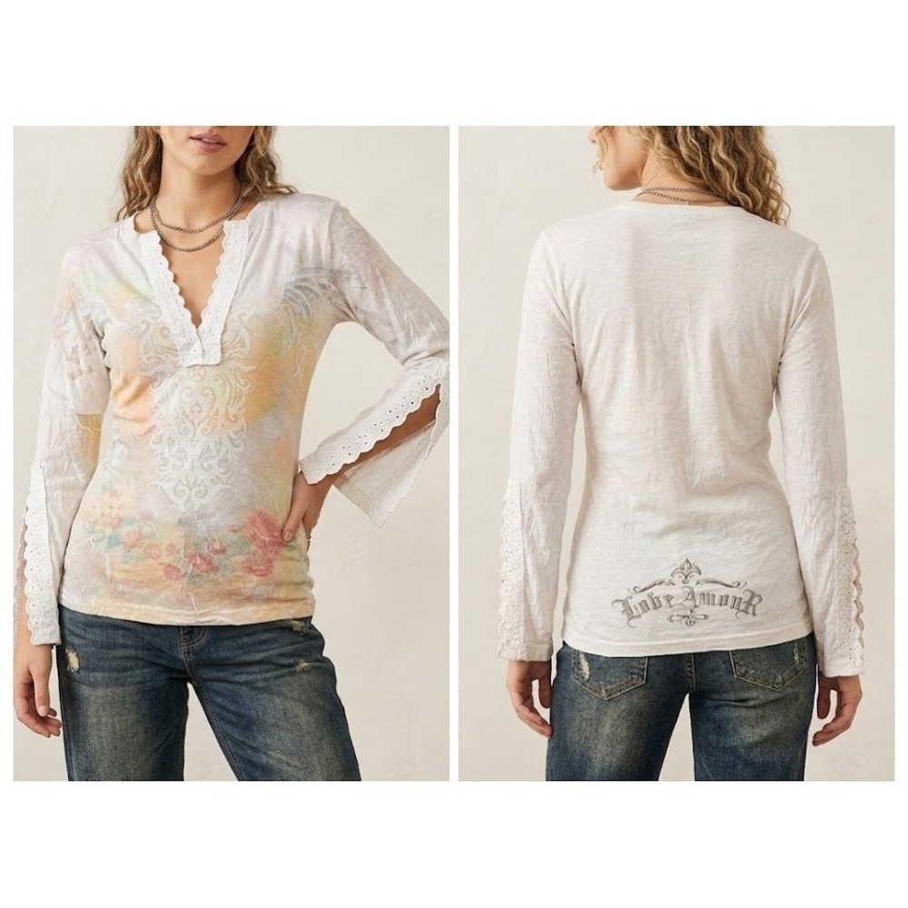 Boston Proper M Love Amour V-Neck Floral Top Tee Long Sleeve Split‎ Bell Sleeves